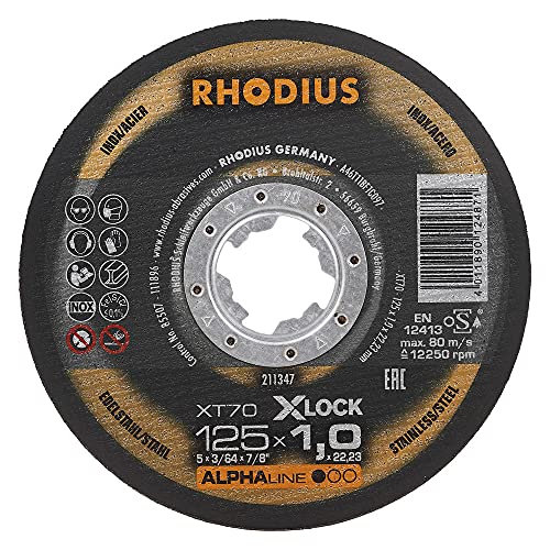 RHODIUS XT70 X-LOCK | 25 Stück Ø 125 mm x 1,0 mm | Trennscheibe Metall | Extra dünn | Made in Germany | für Winkelschleifer, Edelstahl, INOX, Stahl, Eisen, Hartmetall von Rhodius