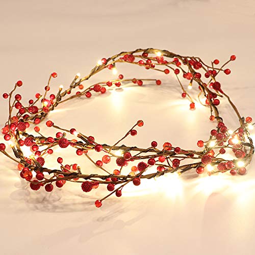 Rhytsing 1.8M Rot Beeren Girlande Weihnachten Beleuchtet Batterie mit Timer Funktion, 30LEDs Lichterkette Warmweißes Licht von Rhytsing