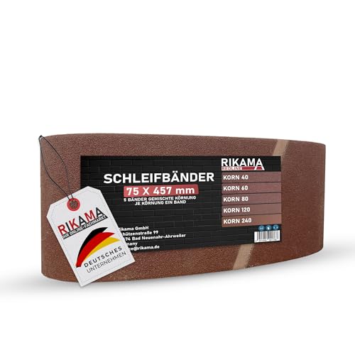 RIKAMA® - Schleifbänder im Mix | 1 Band je Körnung 40, 60, 80, 120 und 240 | Gewebeschleifbänder für Bandschleifer | Für Hobby, Haus und Handwerk (5, 75x457mm) von RiKaMa ONLINEVERSAND AUS EINER HAND