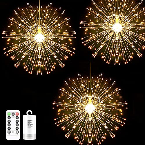 Riaxuebiy 3 Set Weihnachten Feuerwerk Lichter 200 LED Hängende Lichterketten Starburst Lights Wasserdicht 8 Modi Dimmbare Twinkle Lichterkette mit Fernbedienung (Warmweiß) von Riaxuebiy
