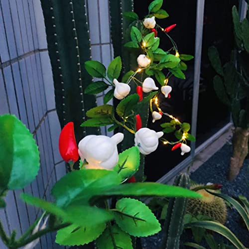 Künstliche Chili Knoblauch Schrauben Lichterketten, Grün Blätter Pflanzen Girlande Pendelleuchte Lampe, Warmweiß für Dekoration zu Hause Weihnachten Garten Hochzeit Party (Chili) von Riaxuebiy