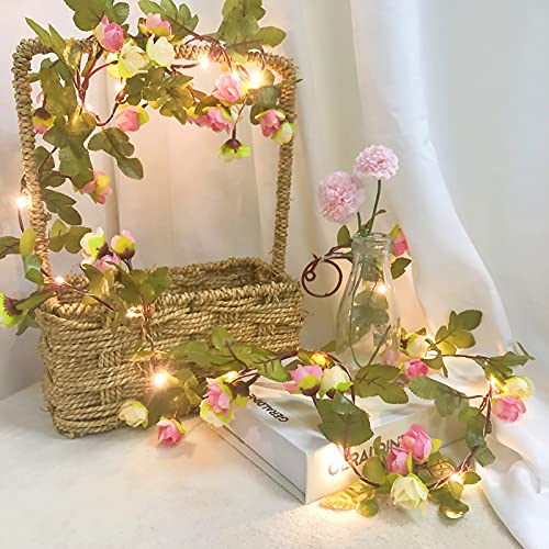 Riaxuebiy Künstliche Rose Blumen Lichterketten Blumen Reben Girlande Fee Lampe Kranz USB Angetrieben für Weihnachten Hochzeitsfeier Dekoration(Rosa) von Riaxuebiy