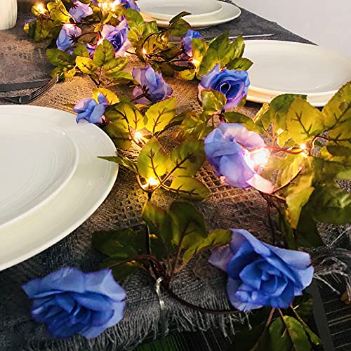 Riaxuebiy Künstliche Rose Blumen Lichterketten LED Blumen Reben Girlande 17 Blumen Fee Lampe Kranz Batterie Angetrieben für Weihnachten Hochzeitsfeier Dekoration (Blau) von Riaxuebiy