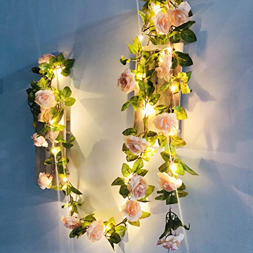 Riaxuebiy Künstliche Rose Blumen Lichterketten LED Blumen Reben Girlande 17 Blumen Fee Lampe Kranz Batterie Angetrieben für Weihnachten Hochzeitsfeier Dekoration (Hell-Pink) von Riaxuebiy