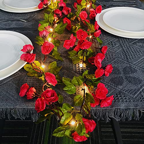 Künstliche Seide Rose Blumen Lichterketten 69 Blumen 2m 20 LED Reben Girlande Fee Lampe Kranz Batterie Angetrieben für Weihnachten Hochzeitsfeier Dekoration (Rot, Batterie) von Riaxuebiy