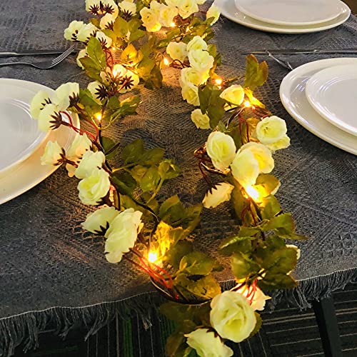 Riaxuebiy Künstliche Seide Rose Blumen Lichterketten 69 Blumen 2m 20 LED Reben Girlande Fee Lampe Kranz USB Angetrieben für Weihnachten Hochzeitsfeier Dekoration (Beige, USB) von Riaxuebiy
