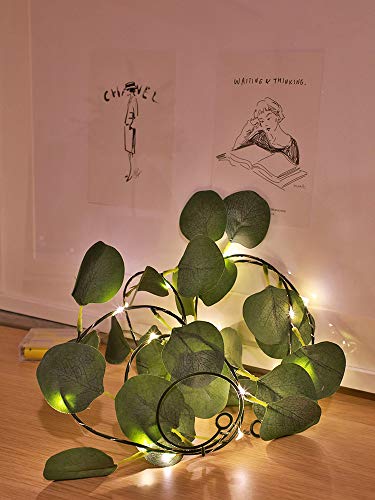 Künstlicher Eukalyptus Hinterlässt LED-Lichterkette Rebe Girlande Efeu Kranz Gefälschte Efeu Pflanze Splitter Draht Lichterkette(2m/20 Lichter, Eukalyptusblätter) von Riaxuebiy