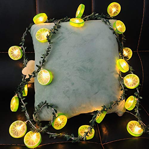 Limetten-Lichterkette, 3 m, 20 LEDs, batteriebetrieben, grüne Zitronenscheiben, Mini-Girlande, Lichter für Terrasse, Zaun, Balkon, Camping, Dekorationen (Limette mit Blatt, 3 m/20 LED) von Riaxuebiy
