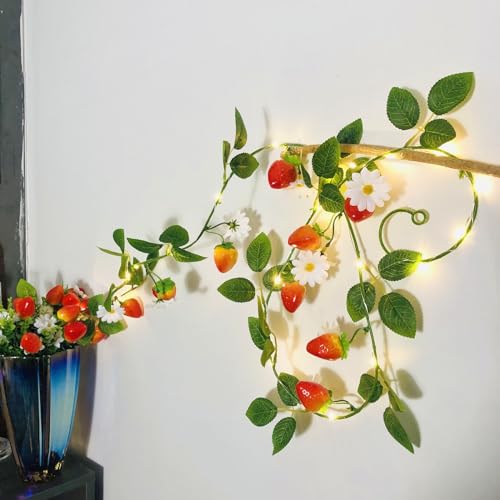 Riaxuebiy 2M Künstliche Blume Erdbeer Rattan Lichterkette Batteriebetrieben Gefälschte Erdbeer Blumengirlande mit 20 LED Feenlichter,Blumenranken Schnur Lichter (Weiße Gänseblümchen) von Riaxuebiy