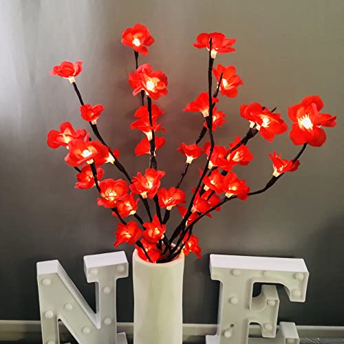 Riaxuebiy 2er Pack Künstliche Pflaumenblüte Zweig Lichter Flexibles Baumlicht Pflaumenblütenstrauß Feenlicht für Home Vase Tisch Weihnachtshochzeit (Rot) von Riaxuebiy
