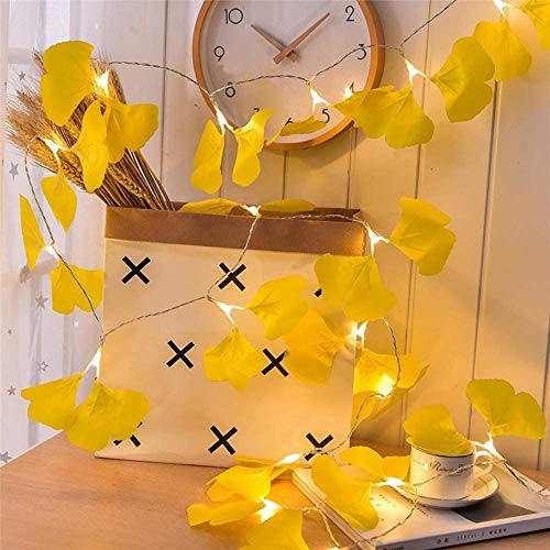 Riaxuebiy Künstlich Ginkgo Blätter 20 LED Lichterkette Batteriebetrieben, Künstliche Pflanze Girlande Hängen Reben Urlaub Hochzeit Home Balkon Dekoration Zubehör Wanddekoration (Ginkgoblätter) von Riaxuebiy