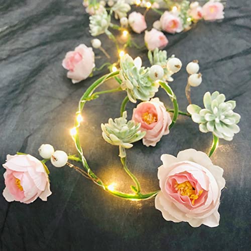 Riaxuebiy Künstliche Rose Blume Sukkulente Schraube Girlande mit 2 m 20 LED-Lichterkette mit Batterie Fee Licht für Hochzeitsfeier, Valentinstag im Zimmer Dekoration (Rosa Rosa) von Riaxuebiy