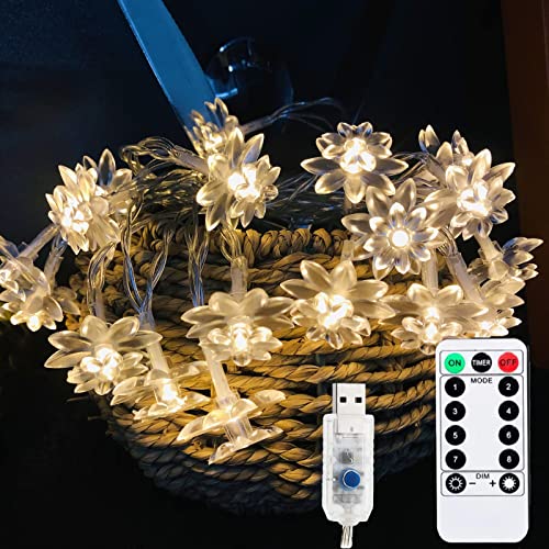Riaxuebiy Lotus Lichterkette 20 LED Lotusblumen Lichterkette an PVC Schnur USB Betrieben für Weihnachten Party Hochzeit Terrasse Garten Dekoration (USB+Fernbedienung-8 Lichtmodi, Lotus) von Riaxuebiy