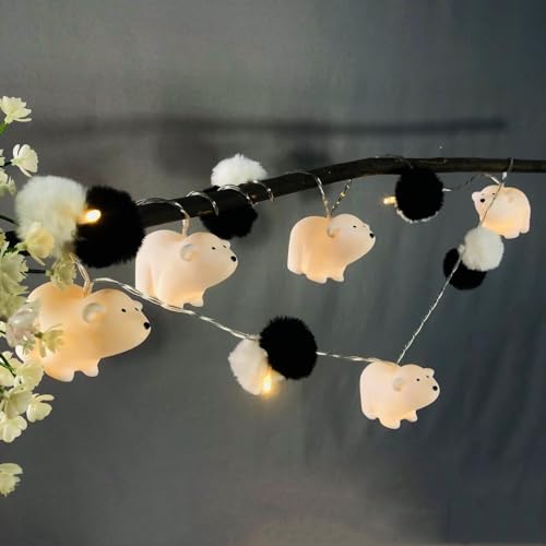 Riaxuebiy Pom-Pom-Eisbär-Lichterkette,Batteriebetriebene Lichterkette mit Weiß Eisbär und Pompons Beleuchtungsdekoration für Weihnachtsfeiertage Kinderzimmer Hochzeit (1.65m/10led) von Riaxuebiy