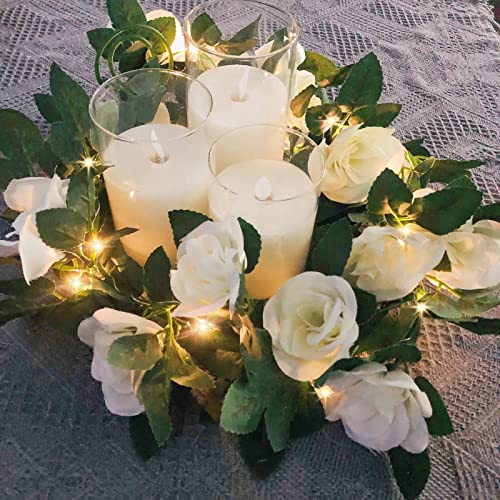 Riaxuebiy Rose Fee String-Lichter Künstliche Blume Girlande mit LED Kupfer Draht Licht-Saiten,Rose Rebe Lichter Dekor für Weihnachten Hochzeitsblumensträuße-Party-Hauptfenster (USB Powered, Weiß) von Riaxuebiy