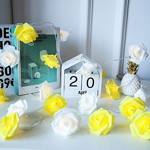 Riaxuebiy Rose Lichterkette Batteriebetriebene LED Rose Lichterketten für Schlafzimmer Hochzeit Geburtstag Familienfeier Garten Indoor Outdoor Dekoration (3m/30LED, Weiß+Gelb) von Riaxuebiy