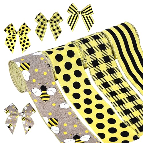 Ribest Hummelband mit Draht, 5,4 cm, gepunktet, gestreift, kariert, schwarz und gelb, dekoratives Band für Kränze, Basteln, Geschenkverpackungen, Schleifen, Sommerdekoration, 4 Rollen, insgesamt 20 Ribest Hummelband mit Draht, 5,4 cm, gepunktet, gestreift, kariert, schwarz und gelb, dekoratives Band für Kränze, Basteln, Geschenkverpackungen, Schleifen, Sommerdekoration, 4 Rollen, insgesamt 20 von Ribest