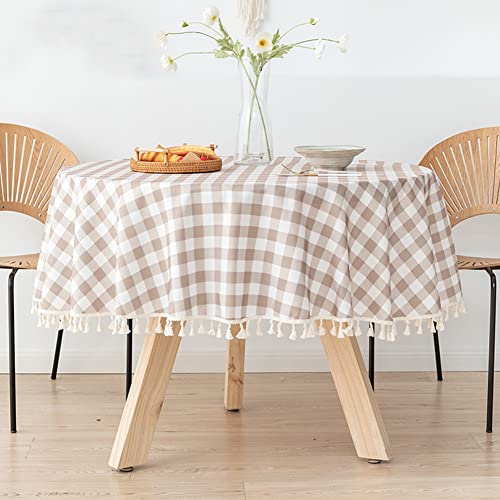 Ricemru Kariert Tischdecke Abwaschbar Garten Rund Taupe Weiß 140 TPU Tischdecke Fleckabweisend Lotuseffekt Garten Pflegeleicht Tafeltuch Esstisch Couchtisch von Ricemru