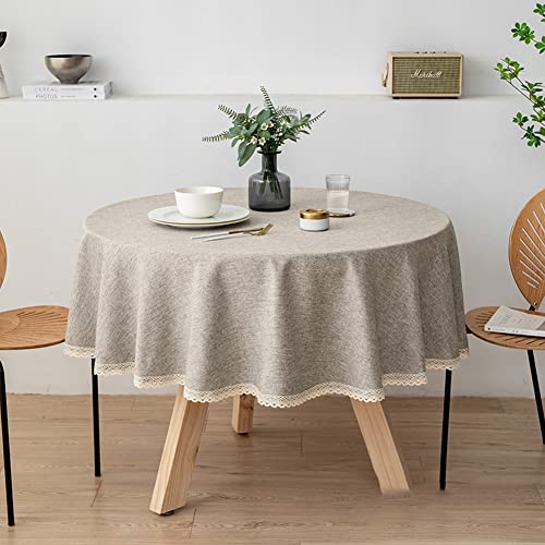 Ricemru Leinenoptik Tischdecke Abwaschbar Rund 120cm Hellbraun mit Häkelkante Tischtuch Gartentisch Landhaus Elegant Tafeltuch Balkon Draussen Outdoor von Ricemru