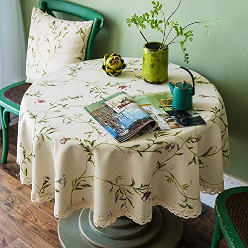 Ricemru Rund Tischdecke Vintage Blumen 160cm Baumwolle Leinen Tafeldecke Tischwäsch Landhaus Pflanze Tischtuch Garten Tischdecken für Drinnen Draußen Rund von Ricemru