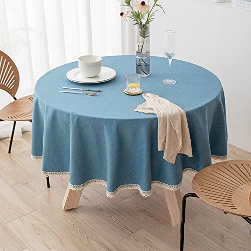 Ricemru Runde Tischdecke 120cm Leinenoptik Blau mit Häkelkante Tischdecken Einfarbig Landhausstil Abwaschbar Tischwäsch Gartentischdecke Küche Esszimmer Hochzeit Party von Ricemru