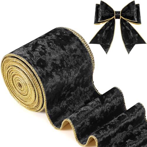 Riceshoot Samtband mit Draht, 10,2 cm, 9,1 m breit, mit goldenem Rand, für Neujahrsgeschenkbox, Verpackung, Schleife, Bastelarbeiten, Schwarz von Riceshoot