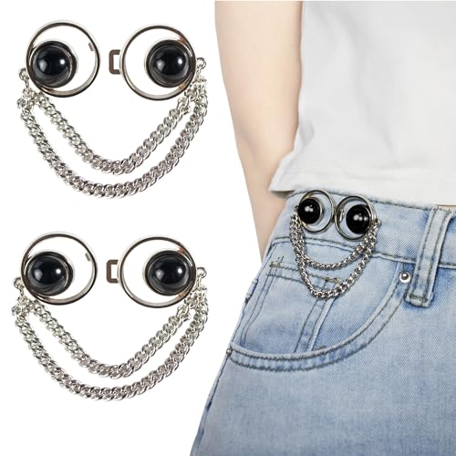 RichLuck 2 Paar Hose enger Machen Clip, Schwarze Perlen Jeans Knopfnadeln mit Kette Jeans Knopfnadeln, Verstellbare und Wiederverwendbare Hosenknöpfe zum Stecken, Jeans Knöpfe ohne Nähen von RichLuck