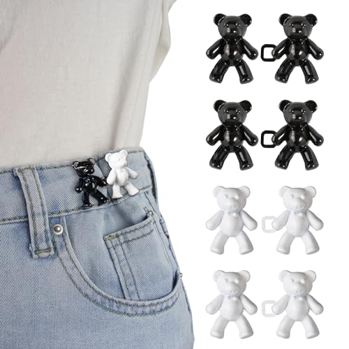 RichLuck 4 Paar Hose Enger Machen Clip, Schwarz und Weiß Bären Jeans Knopfnadeln, Verstellbare und Wiederverwendbare Hosenknöpfe zum Stecken, Jeans Knöpfe ohne Nähen von RichLuck
