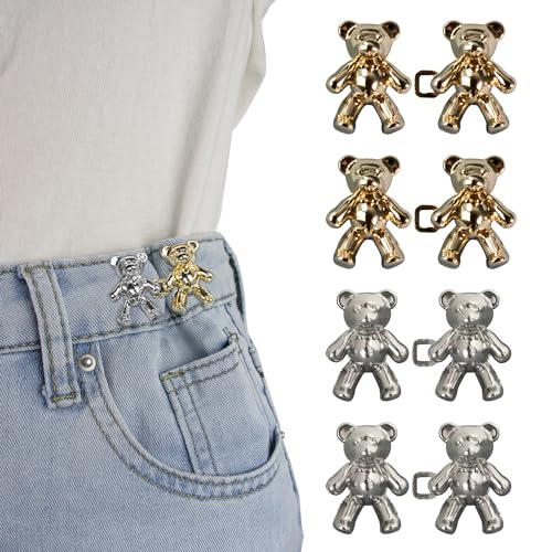 RichLuck 4 Paar Hose enger Machen Clip, Gold und Silber Bären Jeans Knopfnadeln, Verstellbare und Wiederverwendbare Hosenknöpfe zum Stecken, Jeans Knöpfe ohne Nähen von RichLuck