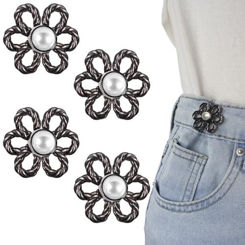 Richluck 4 Paare perfekte Passknöpfe, schwarze Blumenjeans Taille Strahlung, verstellbare und dekorative Taillenklammern Clips von RichLuck