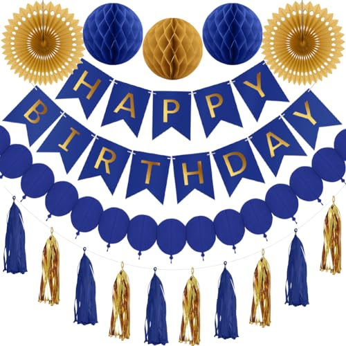 Blau Gold Happy Birthday Banner Herren Geburtstag Dekorationen Navy Gold Geburtstag Banner Wabenbälle Papier Ballon Girlande Papierfächer Papierquaste Girlande von RichMoho von RichMoho