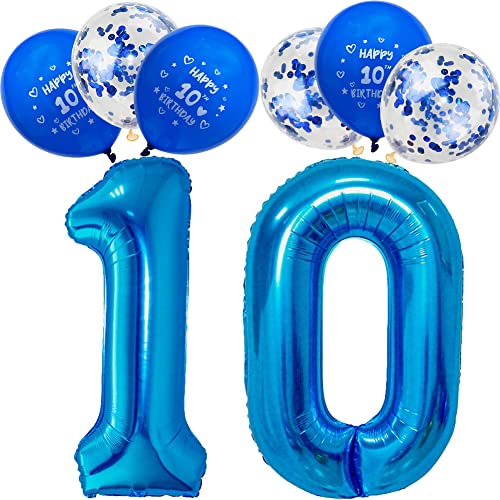 RichMoho Zahl 10 Luftballons Jungen 10. Geburtstag Dekorationen Jungen 10. Geburtstag Party Dekorationen 40 Zoll 10. Geburtstag Luftballons inkl. 6 Stück blaue Konfetti-Luftballons von RichMoho