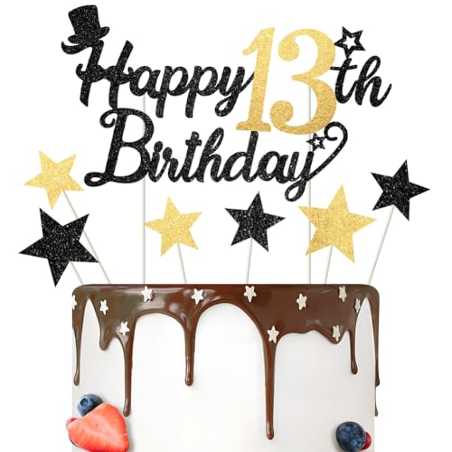 Tortenaufsatz "Happy Birthday" mit Glitzer, Schwarz / Gold, glitzernd, "Happy 13th Birthday", Kuchendekoration für Jungen, 7 Stück RichMoho von RichMoho