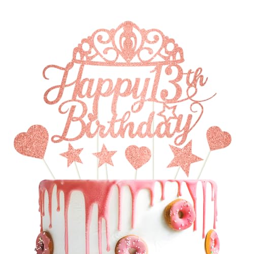Tortenaufsatz "Happy Birthday" mit Glitzer, rotgoldener Glitzer, "Happy 13th Birthday", Kuchendekoration für Mädchen, 7 Stück RichMoho von RichMoho