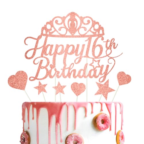 Tortenaufsatz "Happy Birthday" mit Glitzer, rotgoldener Glitzer, "Happy 16th Birthday", Kuchendekoration für Mädchen, 7 Stück RichMoho von RichMoho