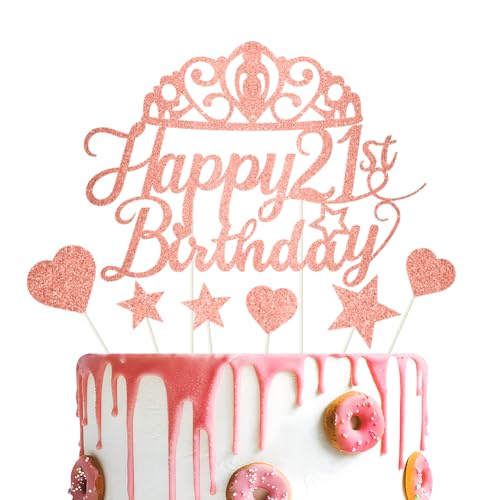 Tortenaufsatz "Happy Birthday" mit Glitzer, rotgoldener Glitzer, "Happy 21st Birthday", Kuchendekoration für Mädchen, 7 Stück RichMoho von RichMoho