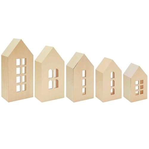 5er Set Holz-Deko-Häuser aus Holz mit Fenstern, FSC 100% von Rico Design