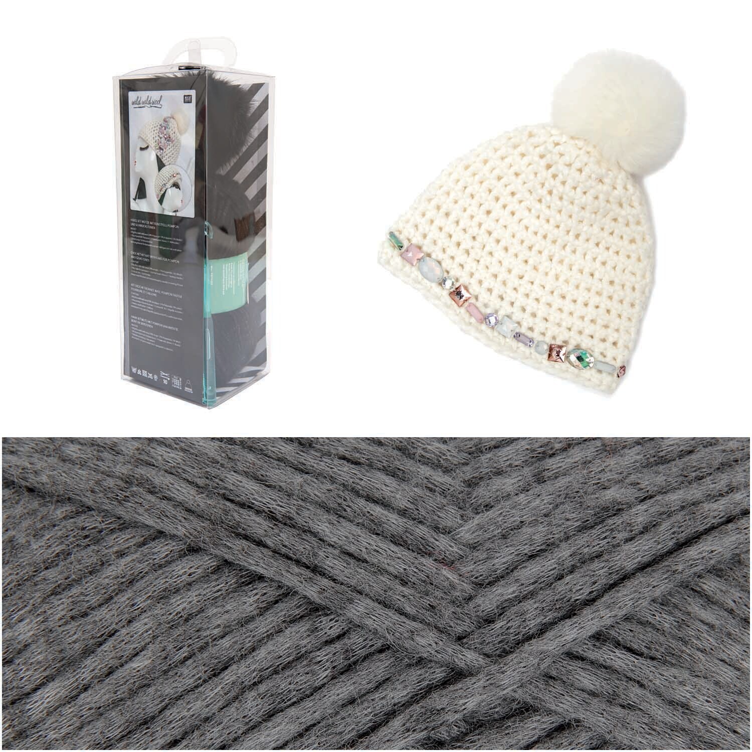 Häkelset Mütze Wild Wild Wool mit Bommel und Strass Häkelset Mütze Wild Wild Wool mit Bommel und Strass von Rico Design