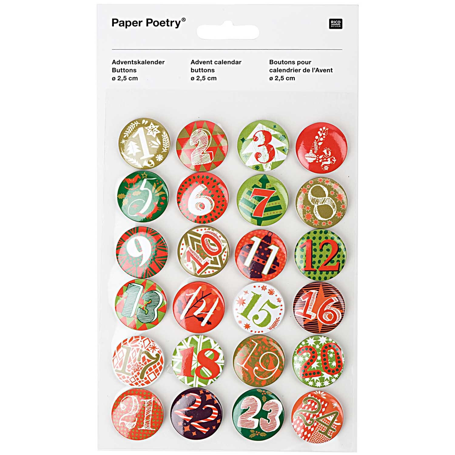 Paper Poetry Adventskalender Zahlen Buttons grün-rot 2,5cm 24 Stück von Rico Design