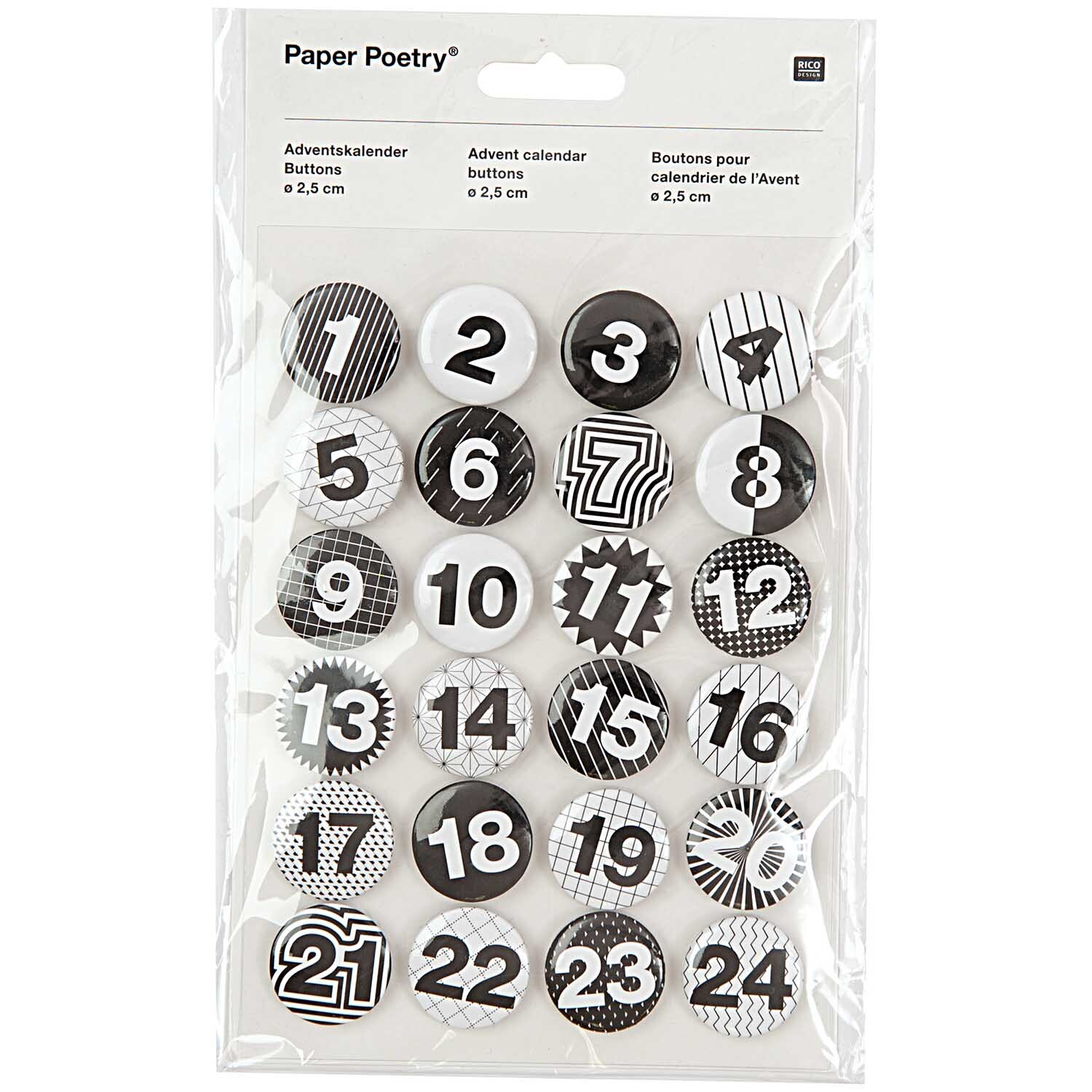 Rico Design Paper Poetry Adventskalender Zahlen Buttons schwarz-weiß 2,5cm 24 Stück von Rico Design