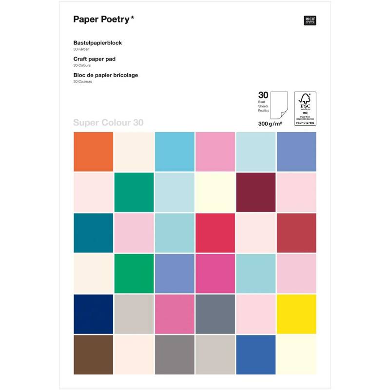 Paper Poetry Bastelkartonblock Super Colour A4 300g/m² 30 Blatt von Rico Design