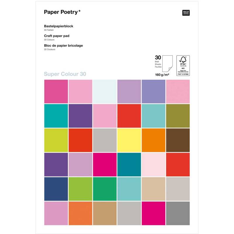 Paper Poetry Bastelpapierblock Super Colour A4 160g/m² 30 Blatt von Rico Design