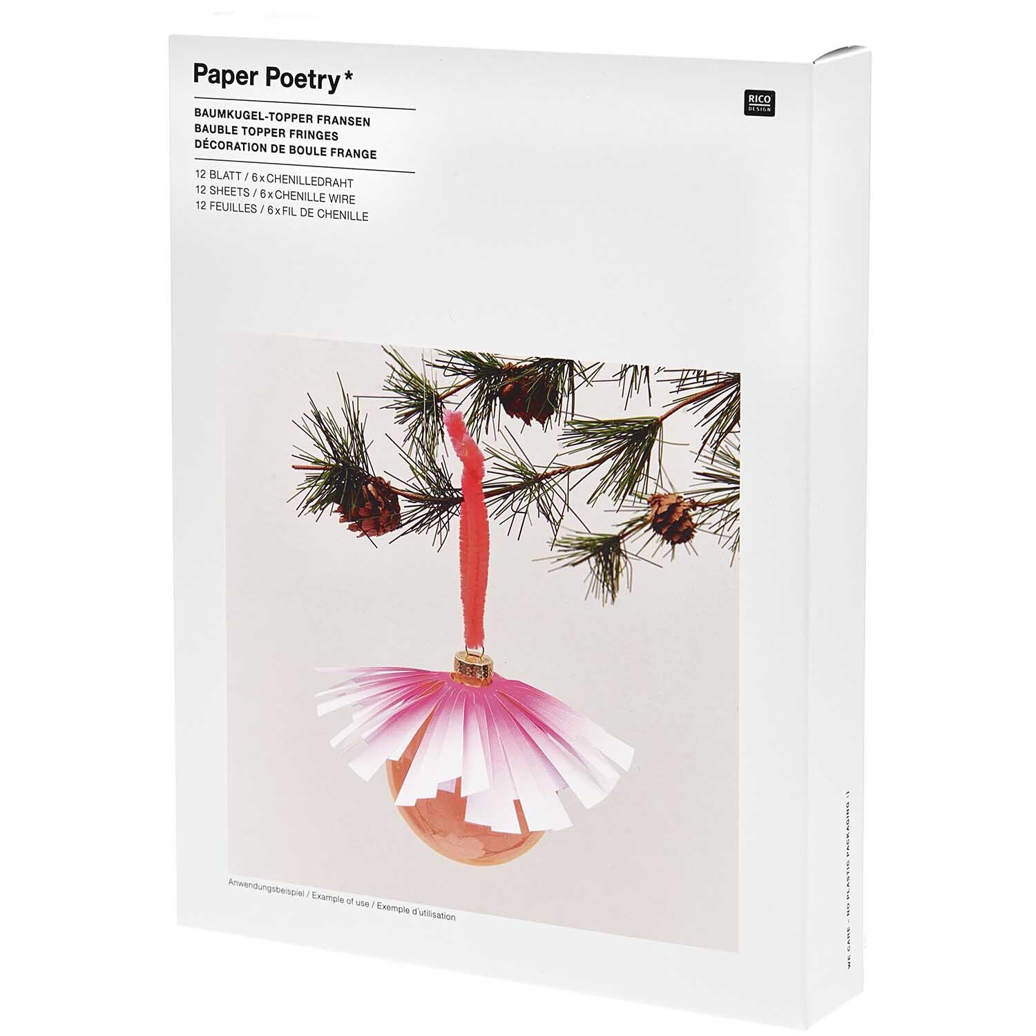 Paper Poetry Christbaumkugel-Topper Fransen weiß-neonpink 6 Stück von Rico Design
