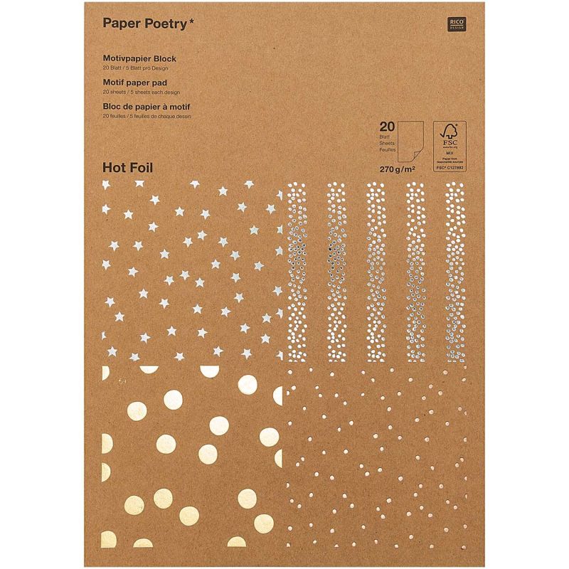 Paper Poetry Kraftpapier Block Punkte 270g/m² 20 Blatt Hot Foil von Rico Design