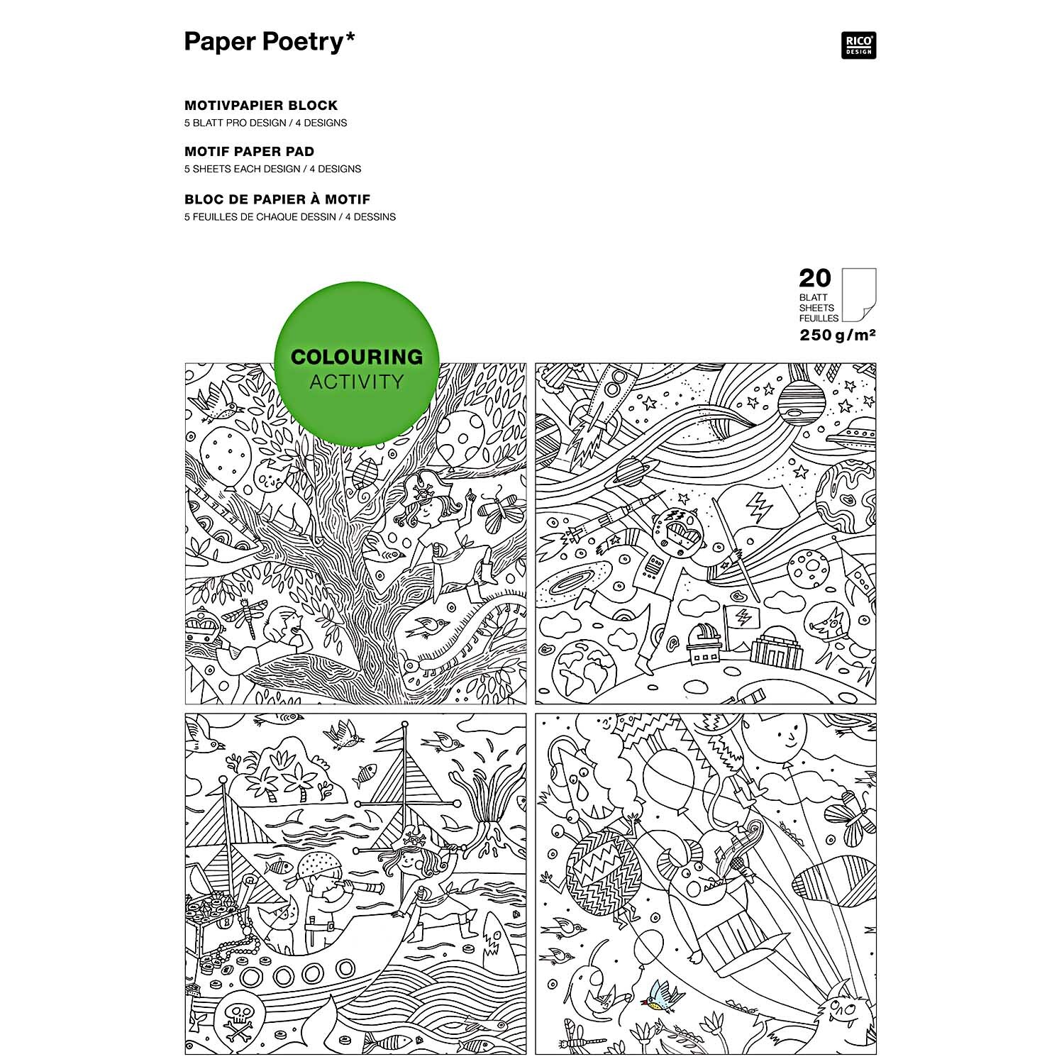 Paper Poetry Motivpapier Block Colouring Activity 21x30cm 20 Blatt von Rico Design