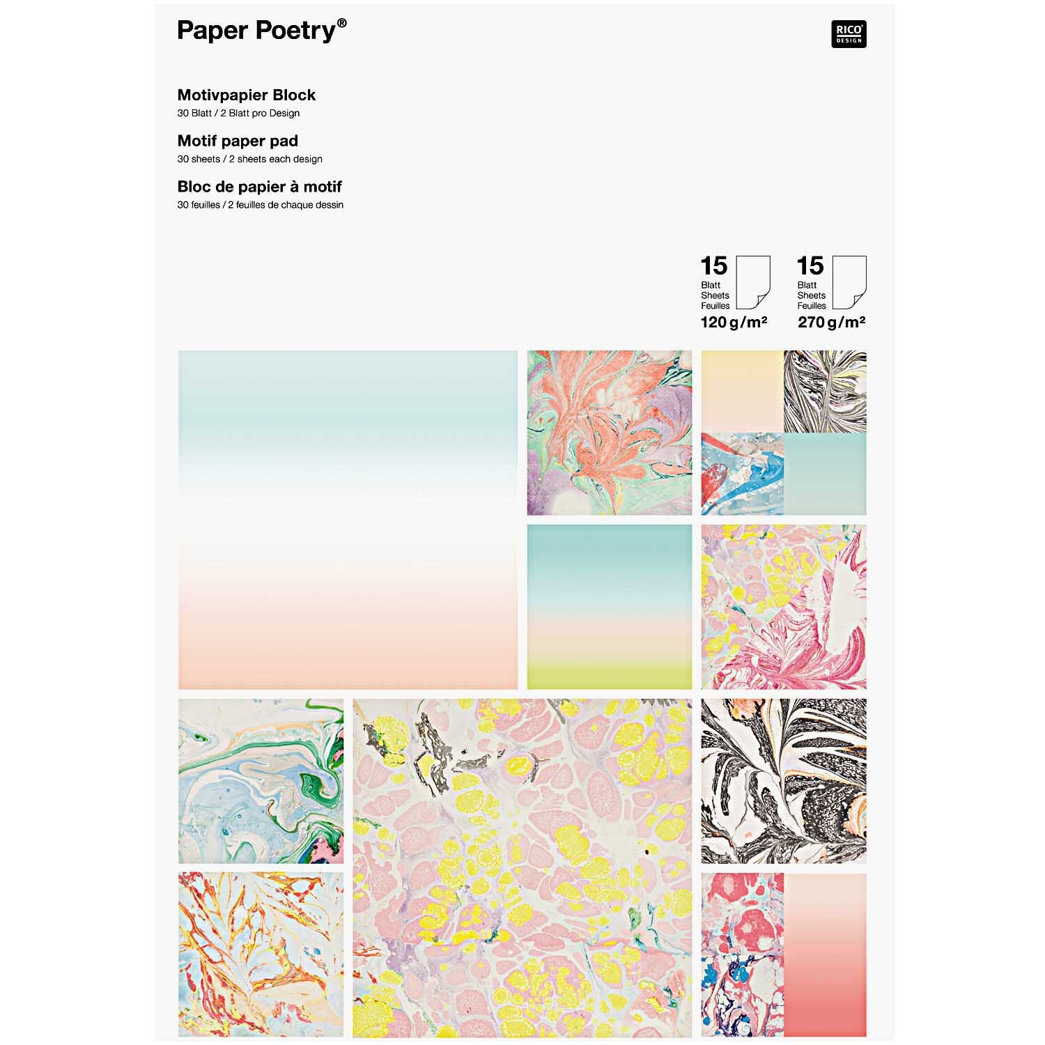 Paper Poetry Motivpapier Block marmoriert 21x30cm 30 Blatt von Rico Design