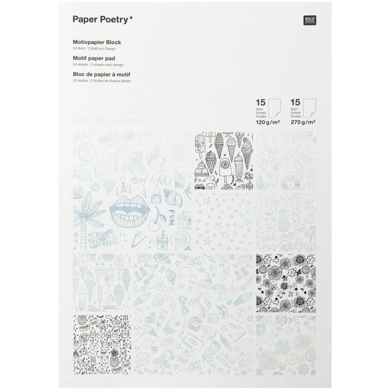 Paper Poetry Motivpapier Block schwarz-weiß 21x30cm 30 Blatt Hot Foil von Rico Design