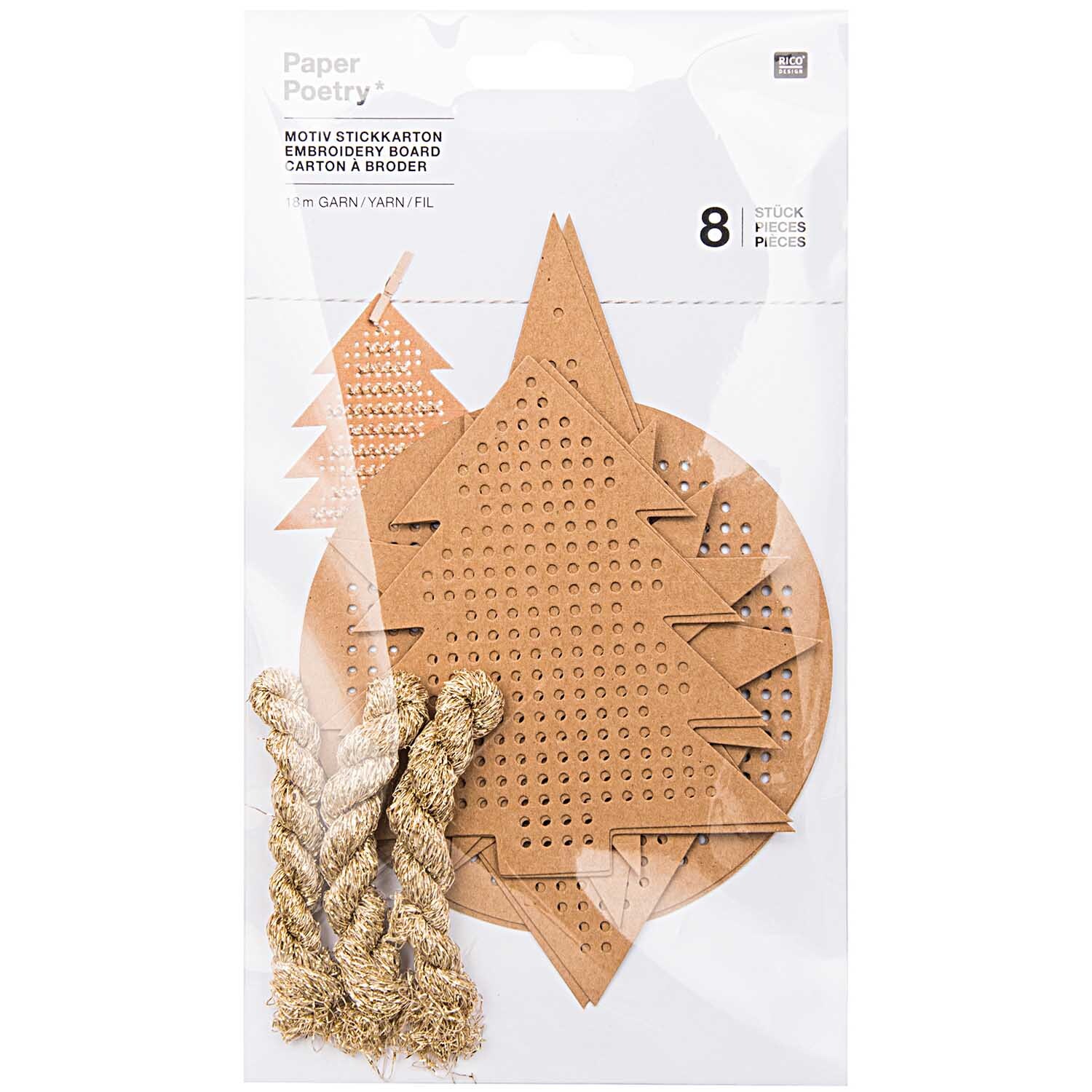 Paper Poetry Motivstickkarton X-MAS gold 8 Stück Kraftpapier mit Garn von Rico Design