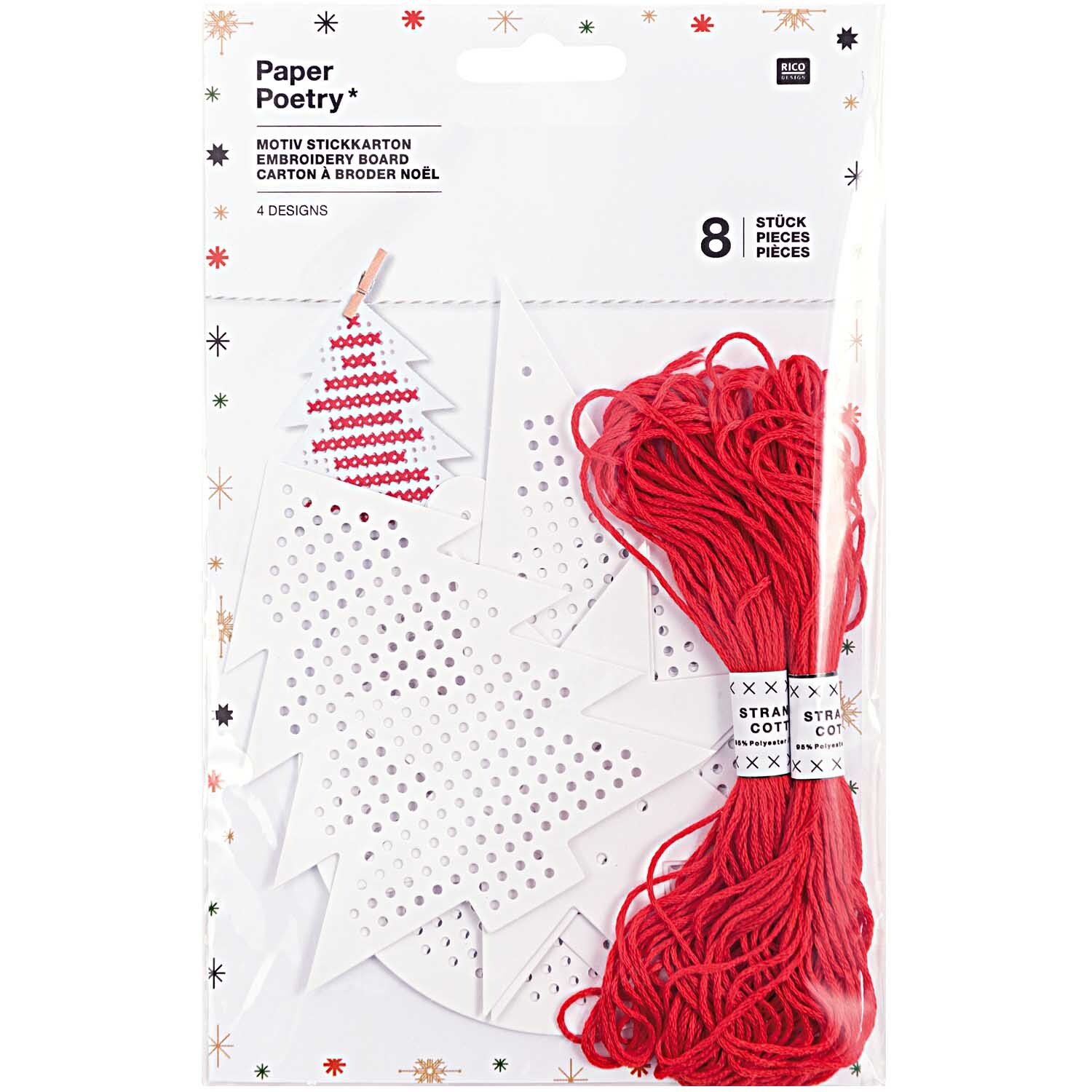 Paper Poetry Motivstickkarton X-MAS weiß-rot 8 Stück mit Garn von Rico Design