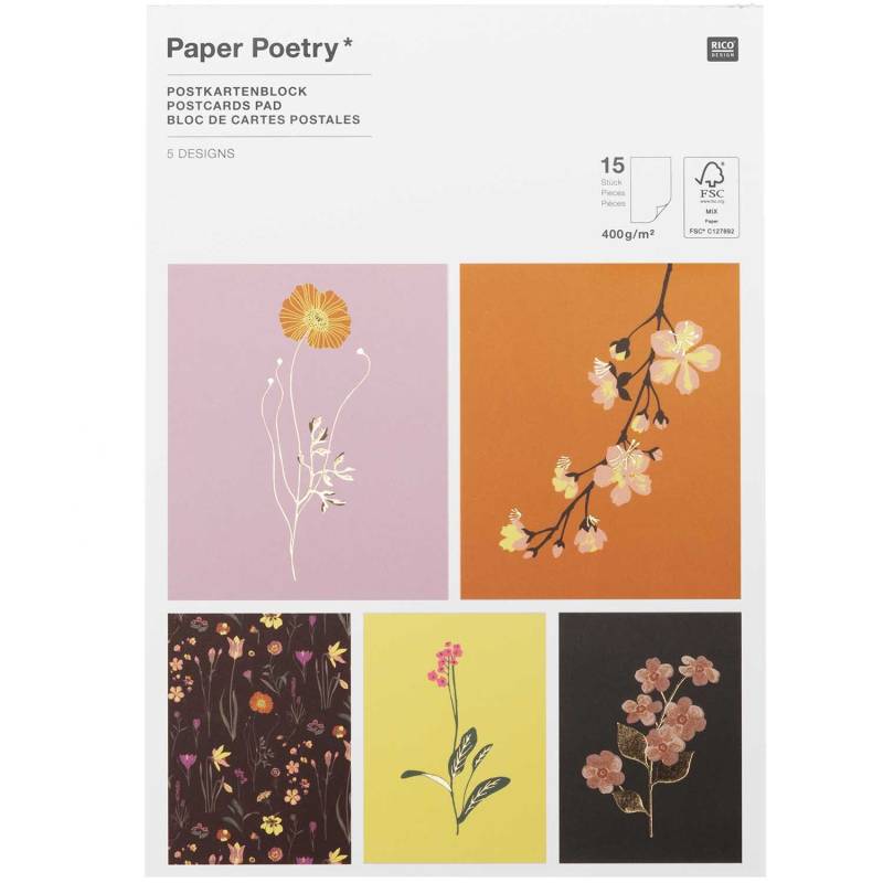 Paper Poetry Postkartenblock Blumen 15 Stück von Rico Design